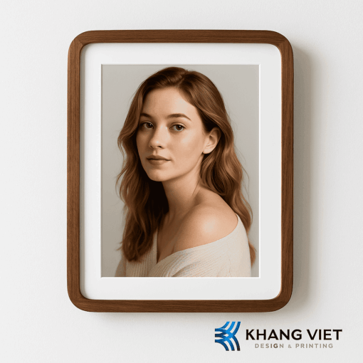 Ảnh phóng khung gỗ Walnut bo tròn viền trắng in 4K