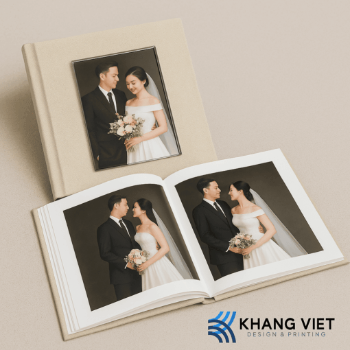 Photobook mở phẳng liền trang bìa linen & ảnh mica giữa